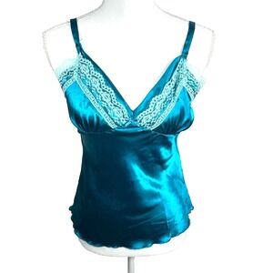 Y2K Babydoll Satin Lace Trim Cami Teal Aqua Top Juniors Size M‎ 7 9